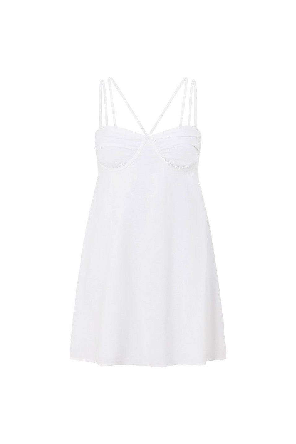 White mini dress with a round neckline, front view