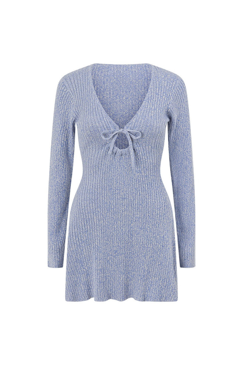 Blue mini dress with a plunging V neckline, detail view