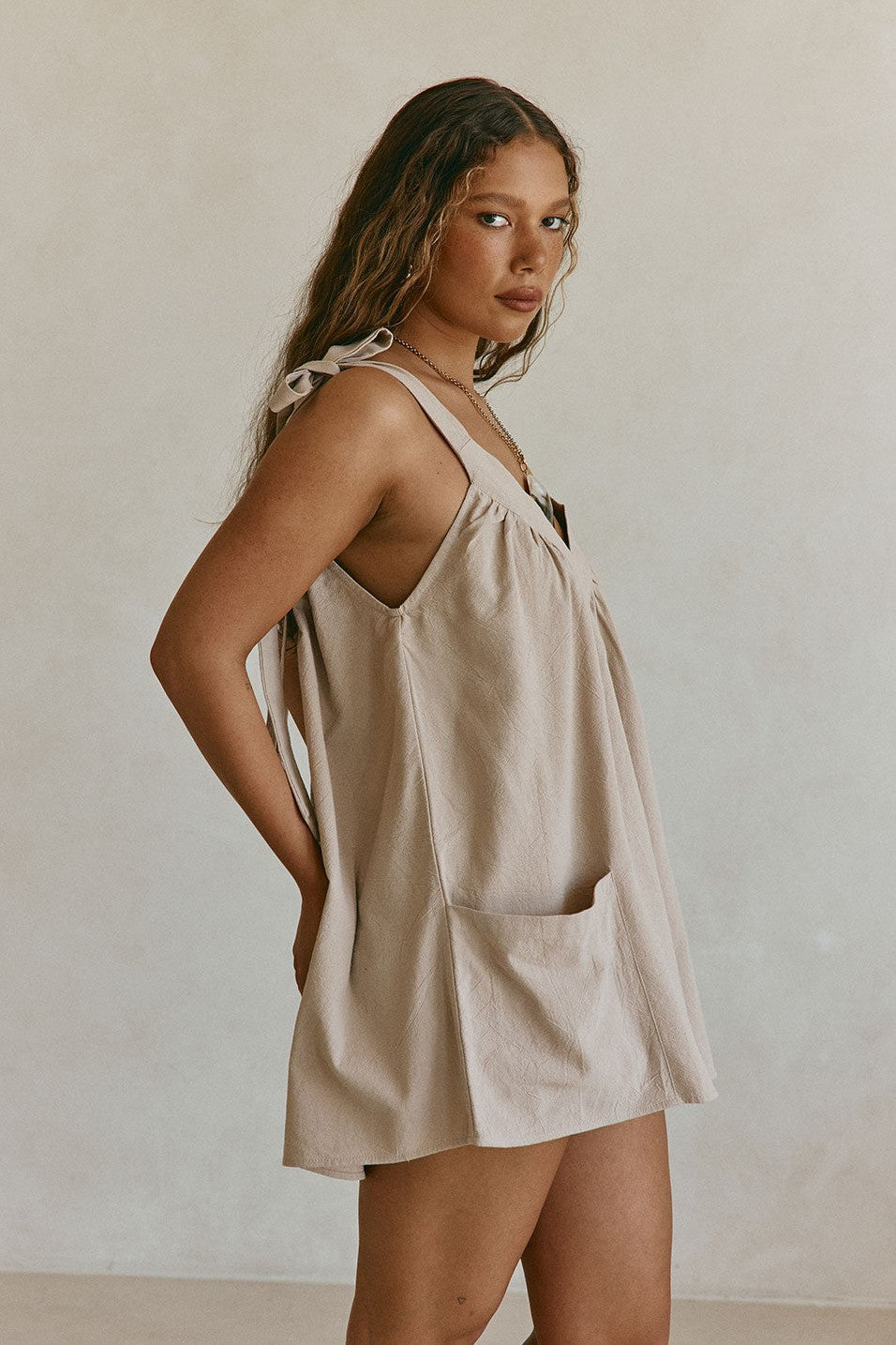Beige mini dress, front view