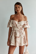 Beige mini dress with shirred detailing, front view