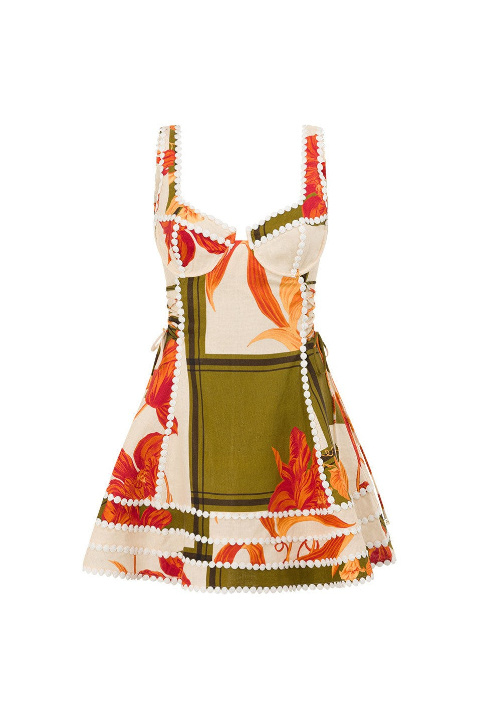 Orange mini dress with lace trim, front view