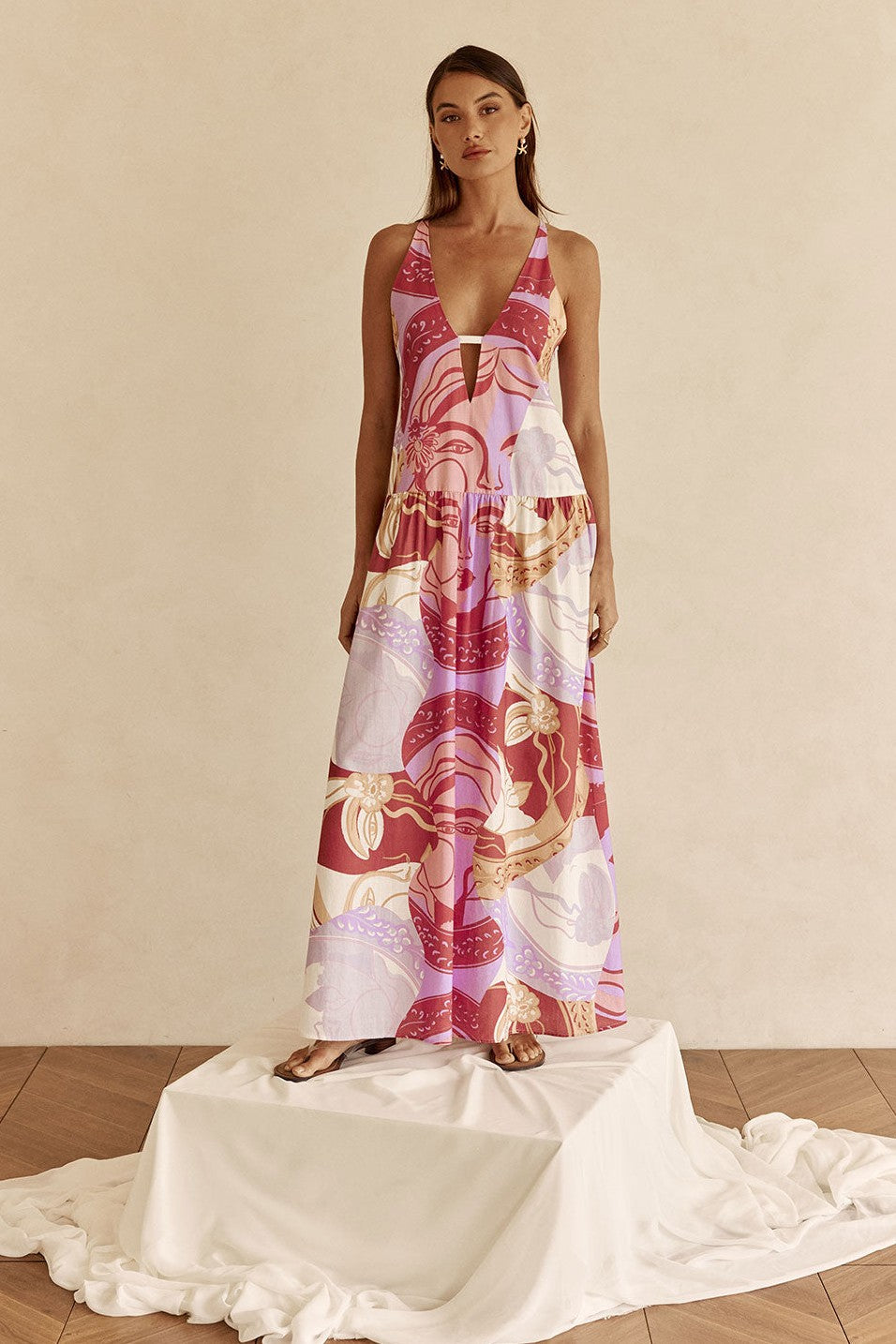 Purple maxi dress with an open back, back view
