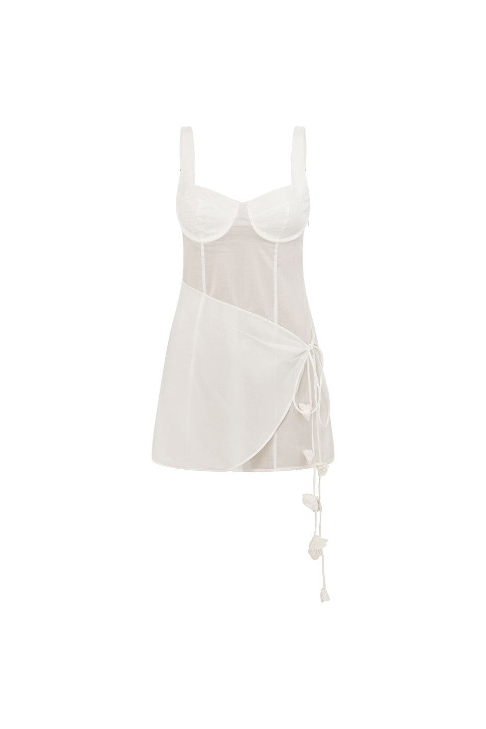 White midi dress with a wrap silhouette, detail view