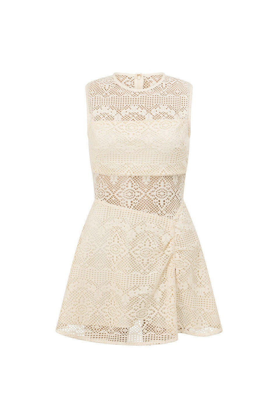 Beige mini dress with an A-line skirt, side view