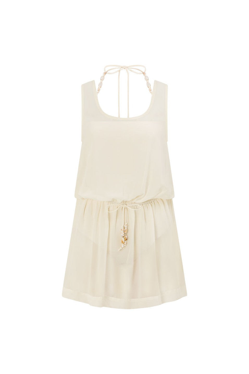 Beige mini dress with a halter neckline, side view