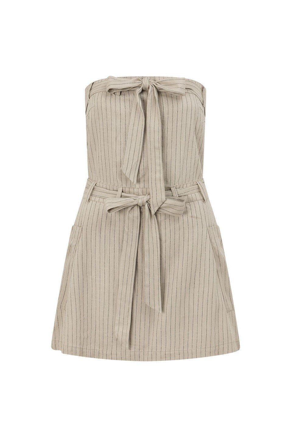 Grey mini dress with a strapless neckline, back view