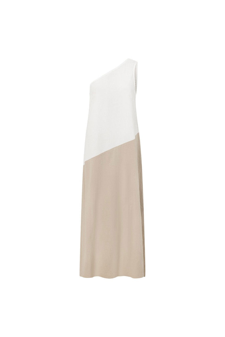 Beige maxi dress with an A-line skirt, styled on model