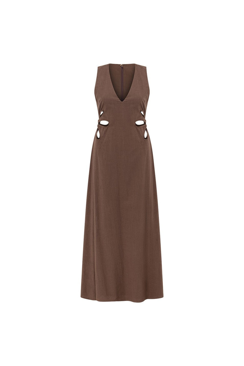 Brown maxi dress with a V neckline, front view