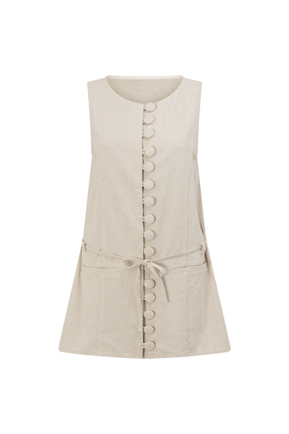 Beige mini dress with an A-line skirt, styled on model
