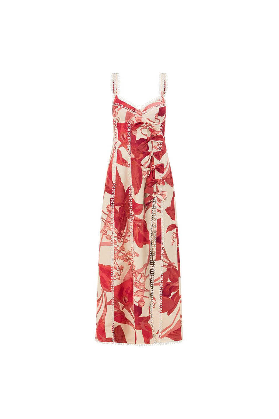 Red maxi dress with a side split, front view