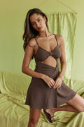 Brown mini dress with an A-line skirt, front view