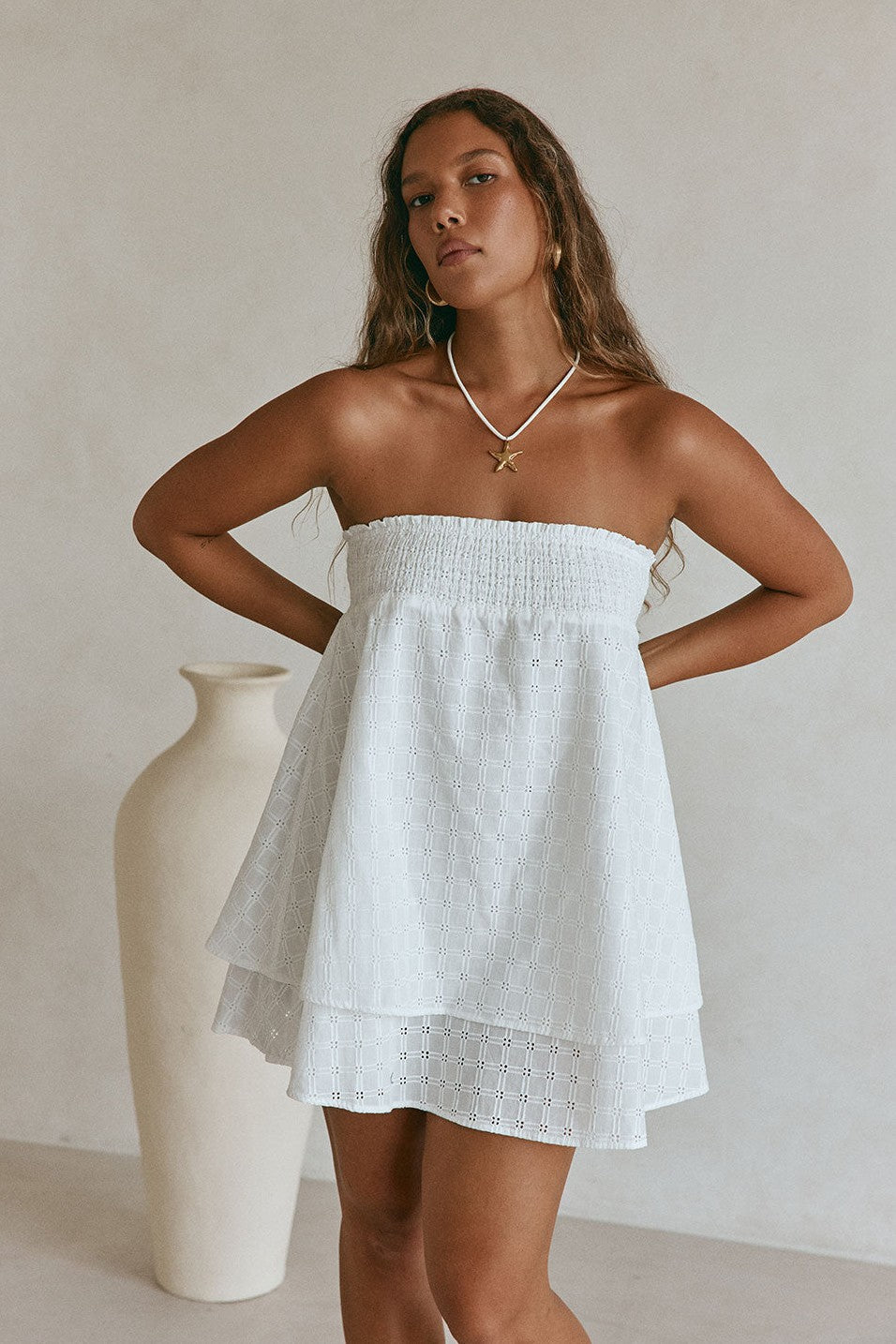 White mini dress with a strapless neckline, back view