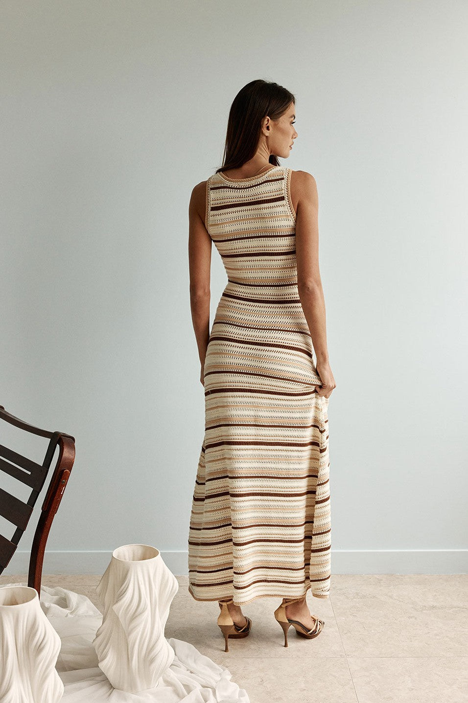 Cream maxi dress with a V neckline, front view