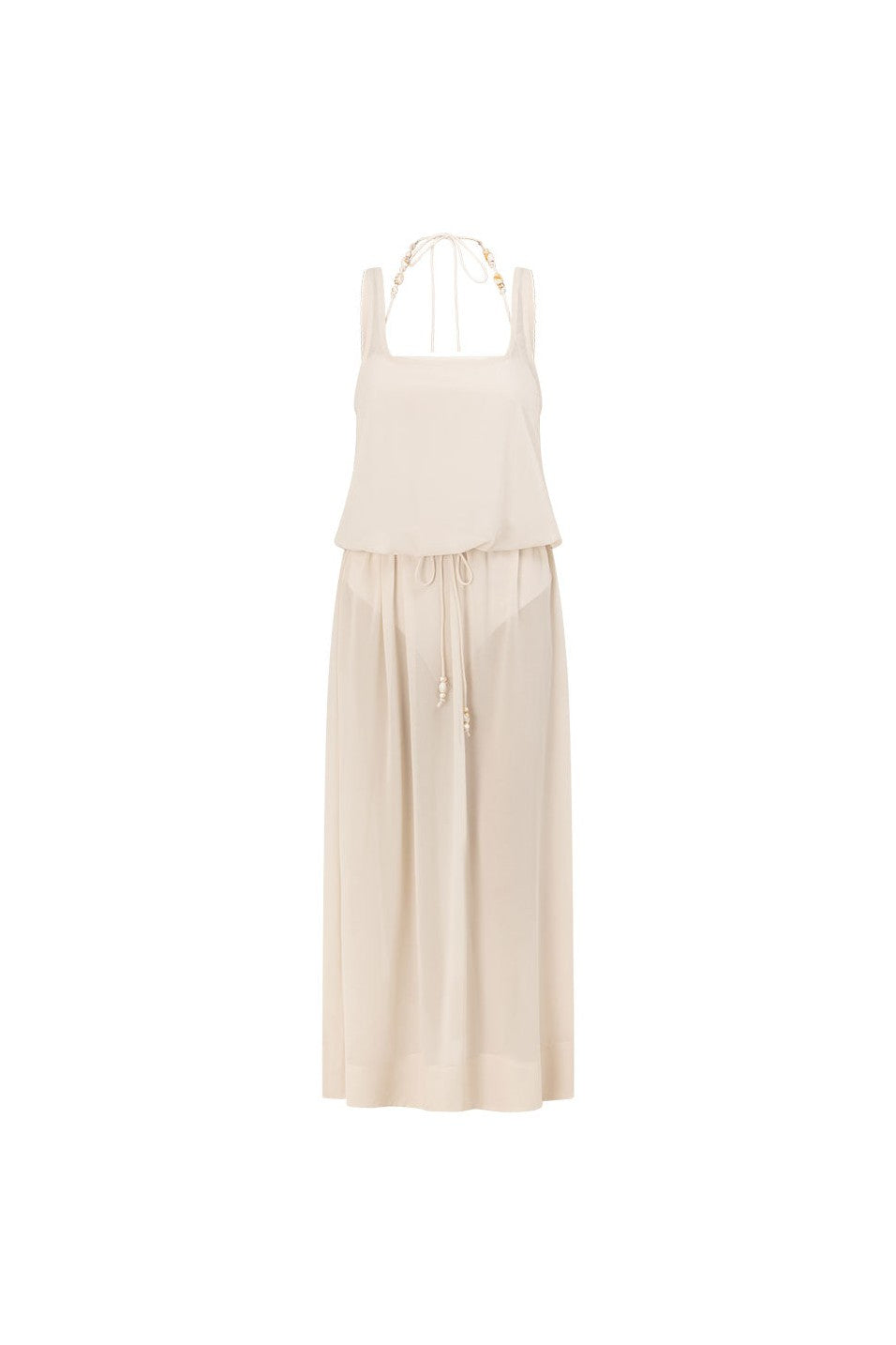 Beige maxi dress with a halter neckline, back view