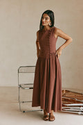 Brown maxi dress with a boat neckline, front view