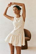 Cream mini dress with a boat neckline, front view