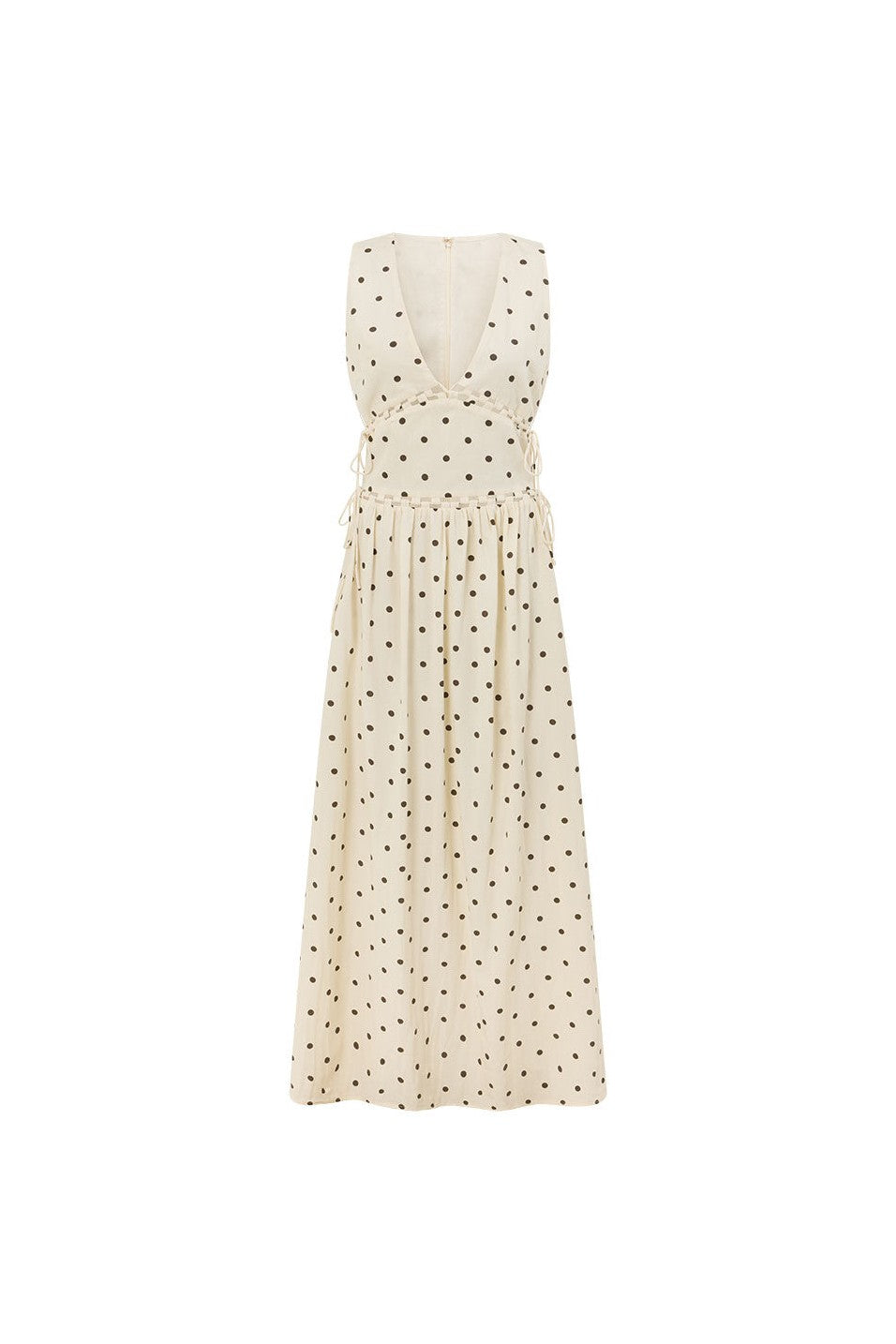 Cream maxi dress with a plunging V neckline, side view