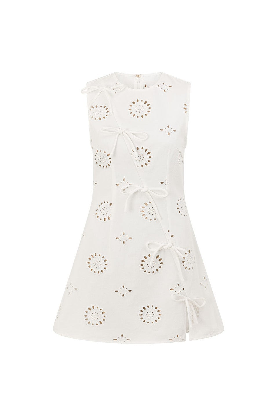 White mini dress with an A-line skirt, back view