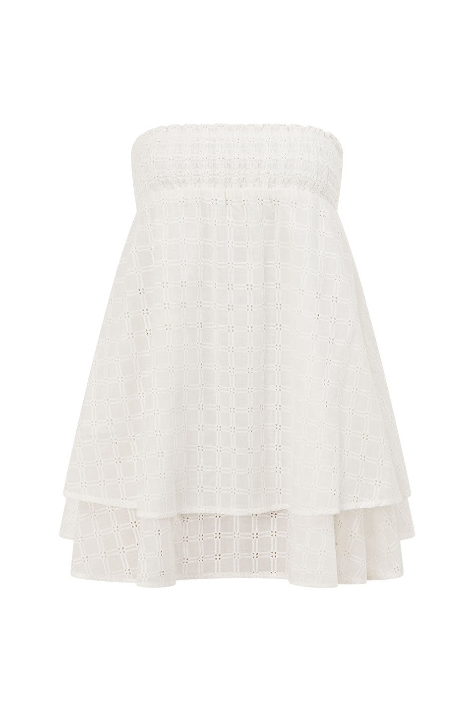 White mini dress with a strapless neckline, side view
