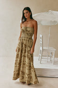 Green maxi dress with a strapless neckline, front view