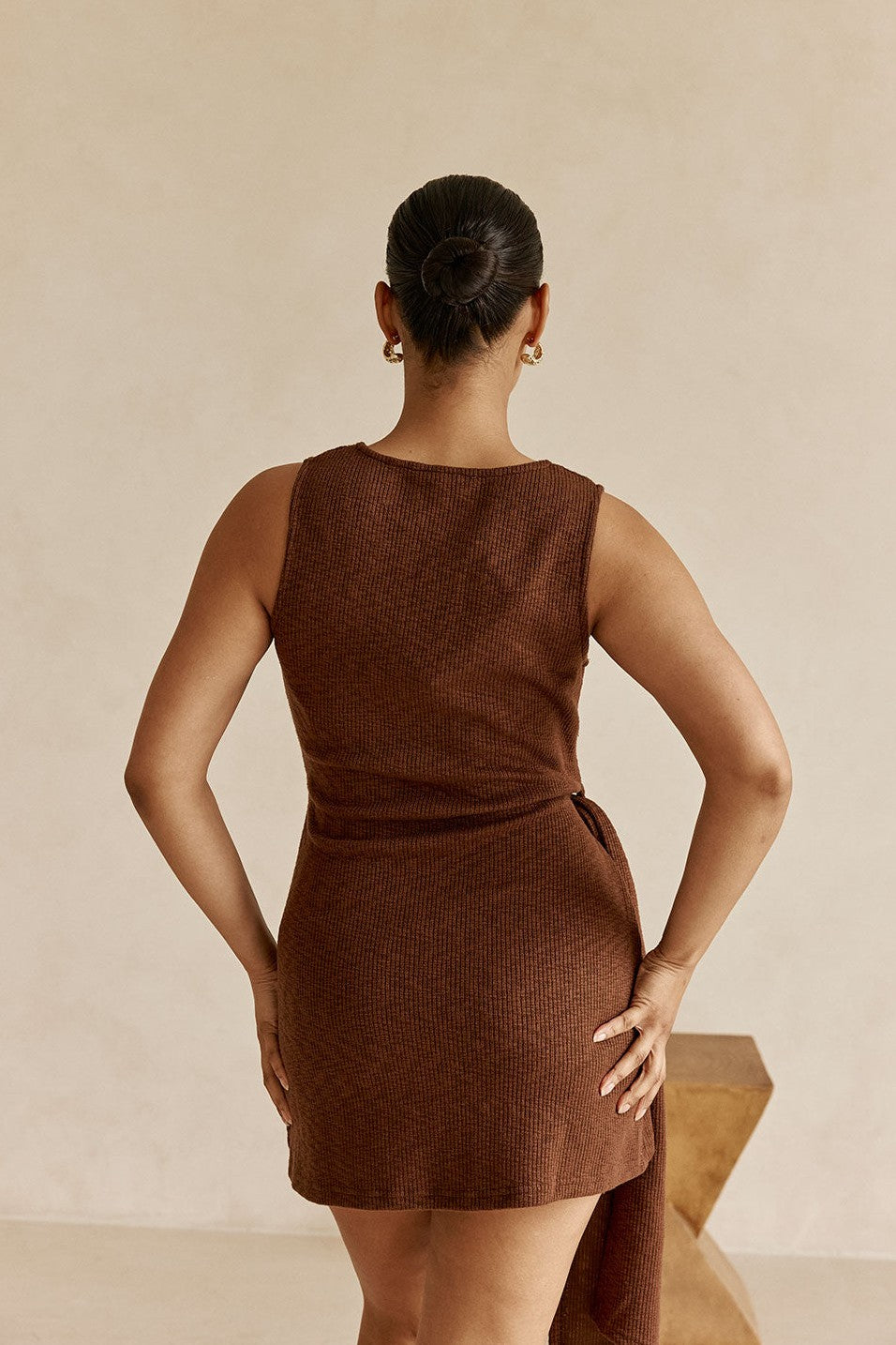 Brown mini dress with a V neckline, back view
