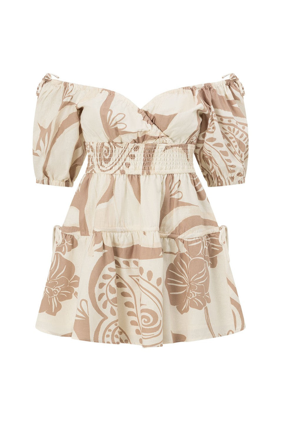 Beige mini dress with shirred detailing, front view