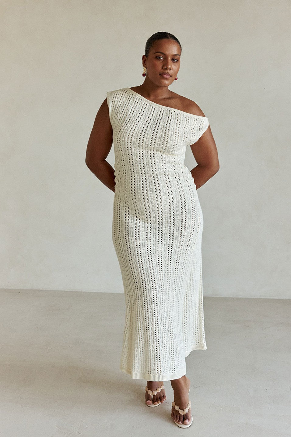 Cream maxi dress, side view