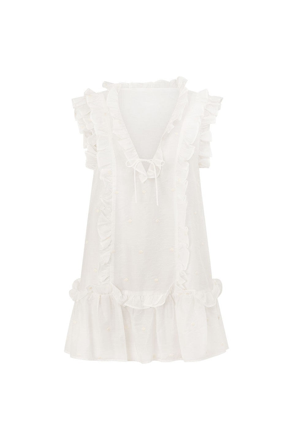 White mini dress with a V neckline, front view