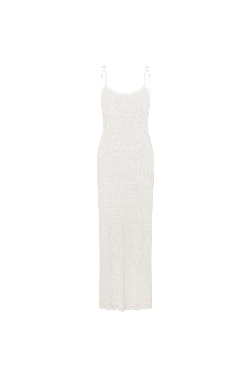 White maxi dress with a round neckline, back view