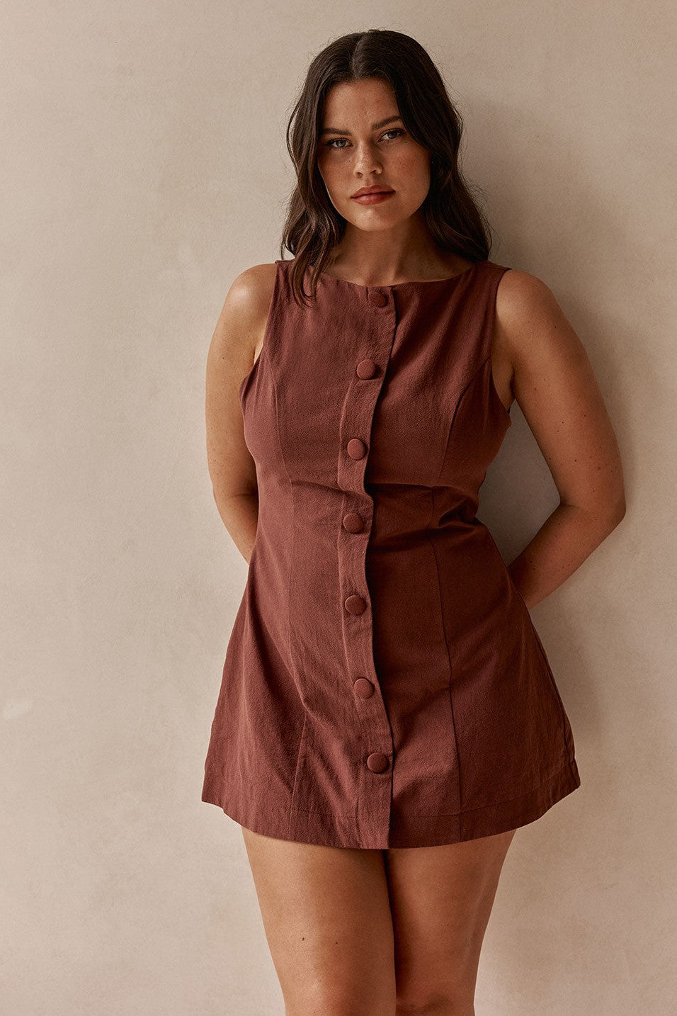 Brown mini dress, front view