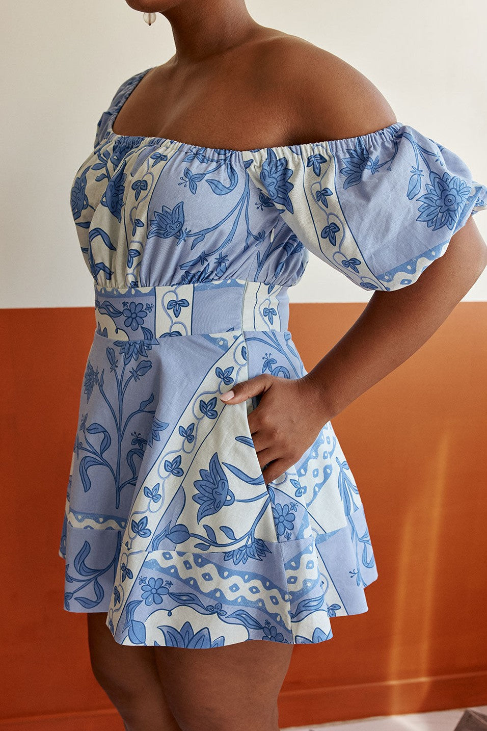 Blue mini dress, front view