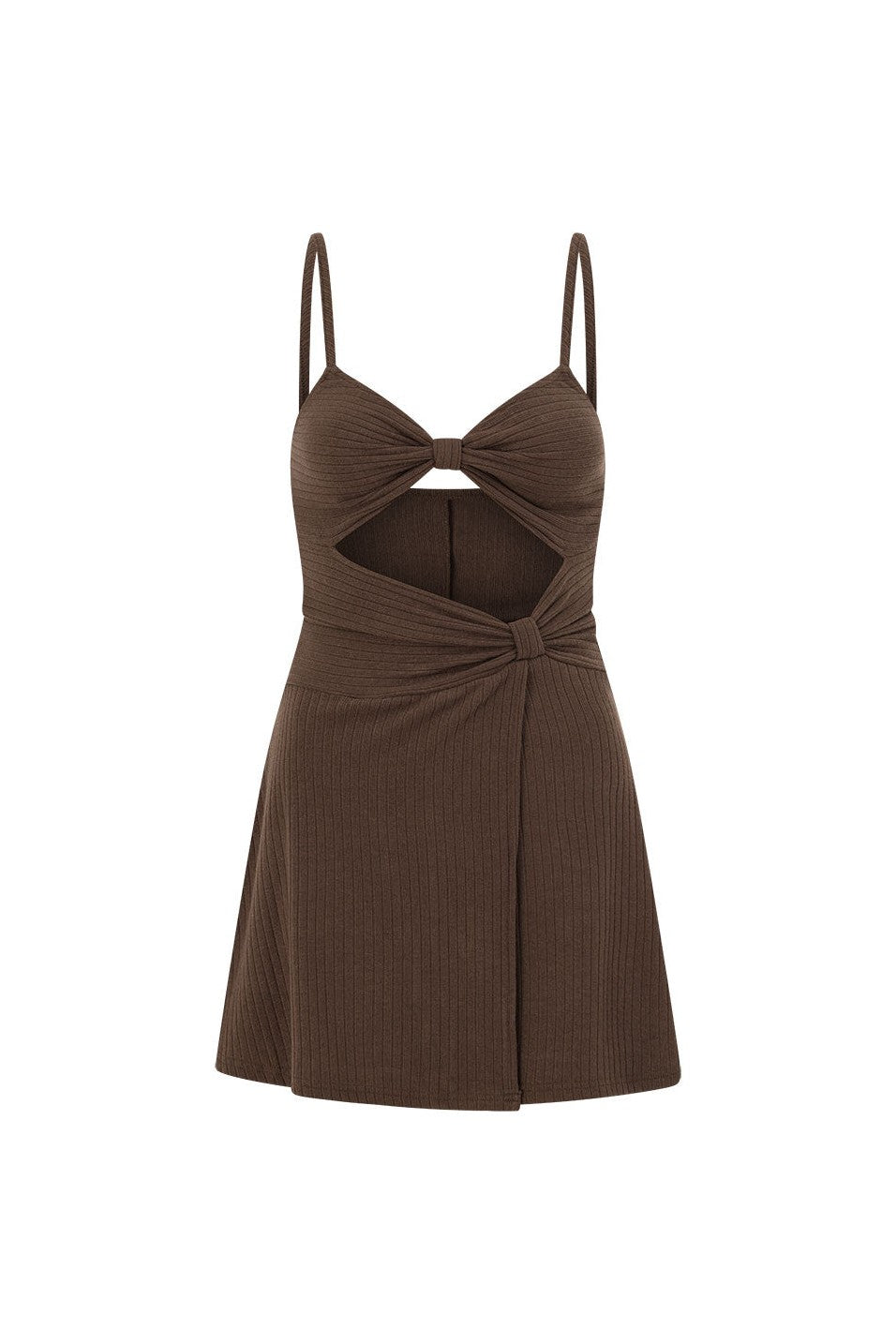 Brown mini dress with an A-line skirt, front view