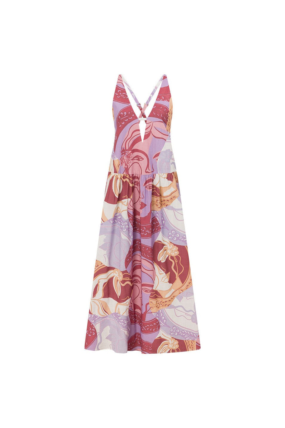 Purple maxi dress with an open back, styled on model