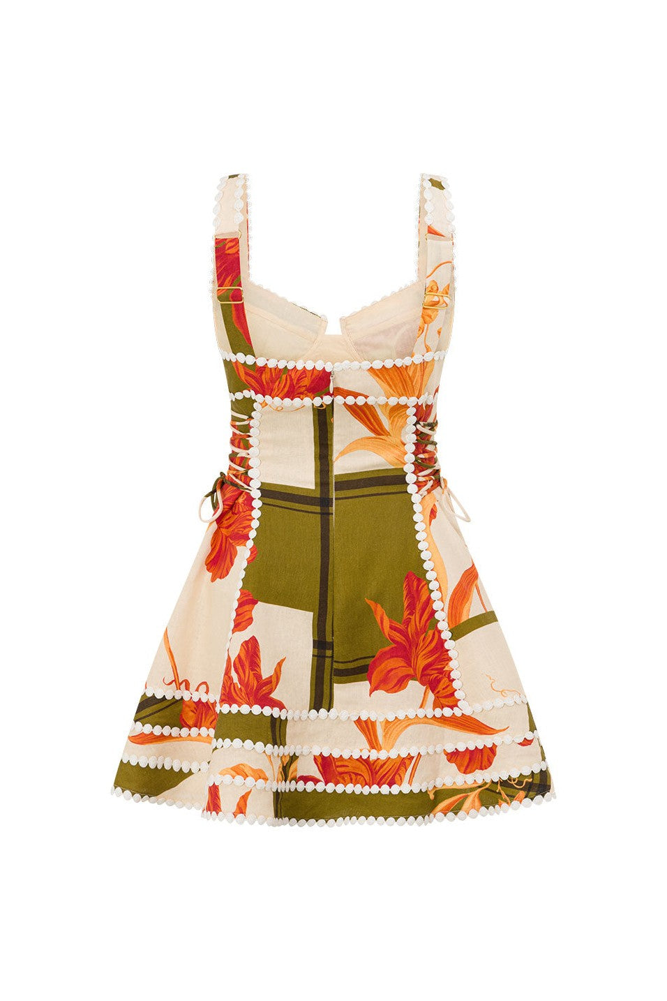 Orange mini dress with lace trim, back view
