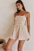 Beige mini dress with a strapless neckline, front view