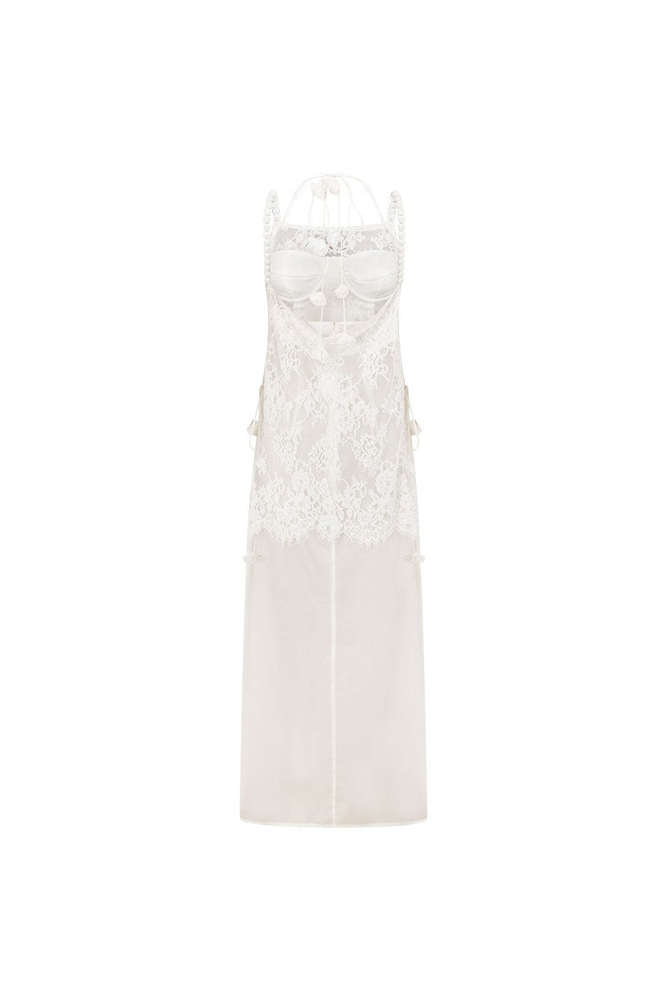White maxi dress with a halter neckline, back view