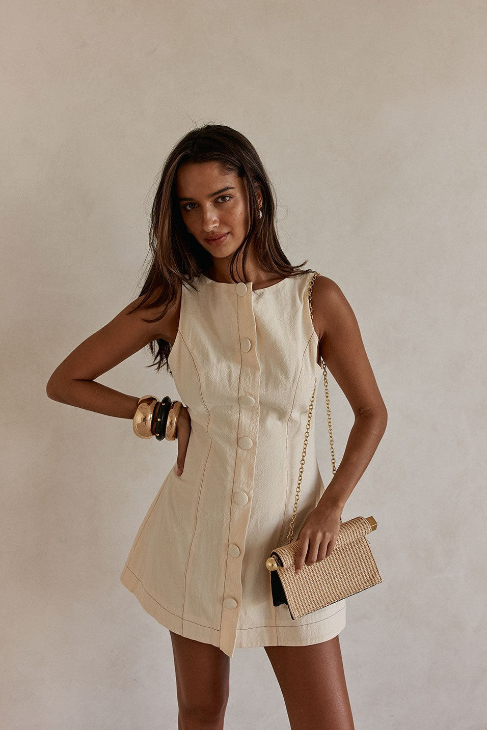 Cream mini dress, detail view
