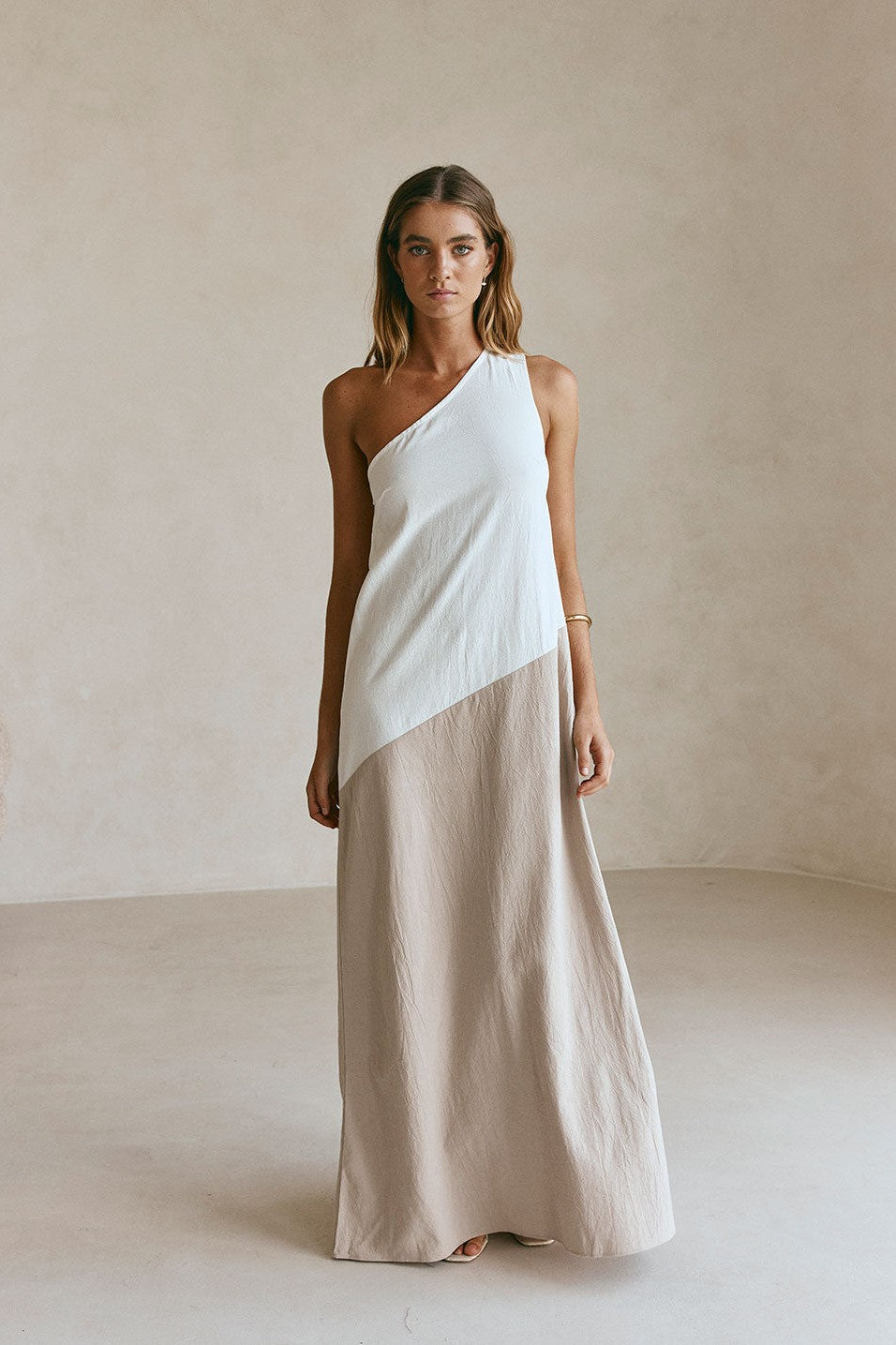 Beige maxi dress with an A-line skirt, front view
