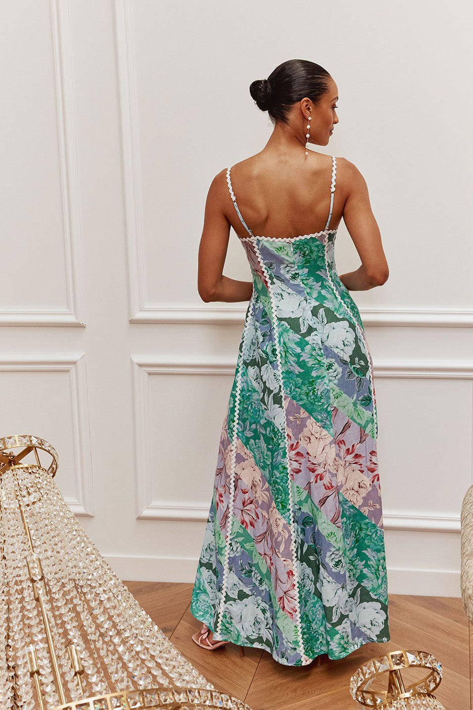 Blue maxi dress, styled on model