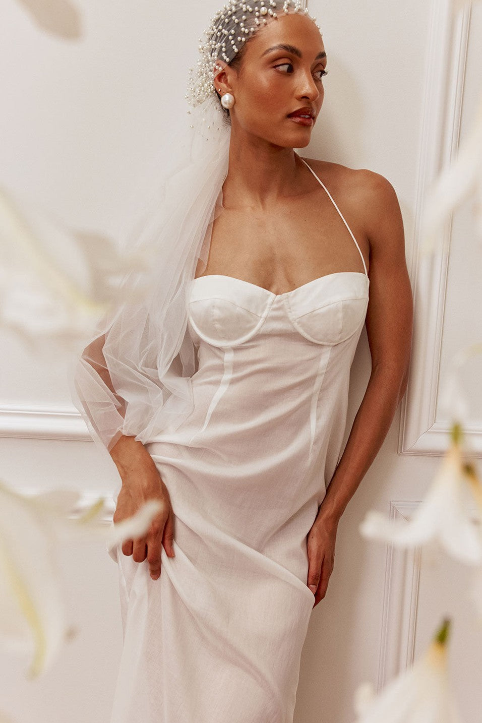 White maxi dress with a halter neckline, front view