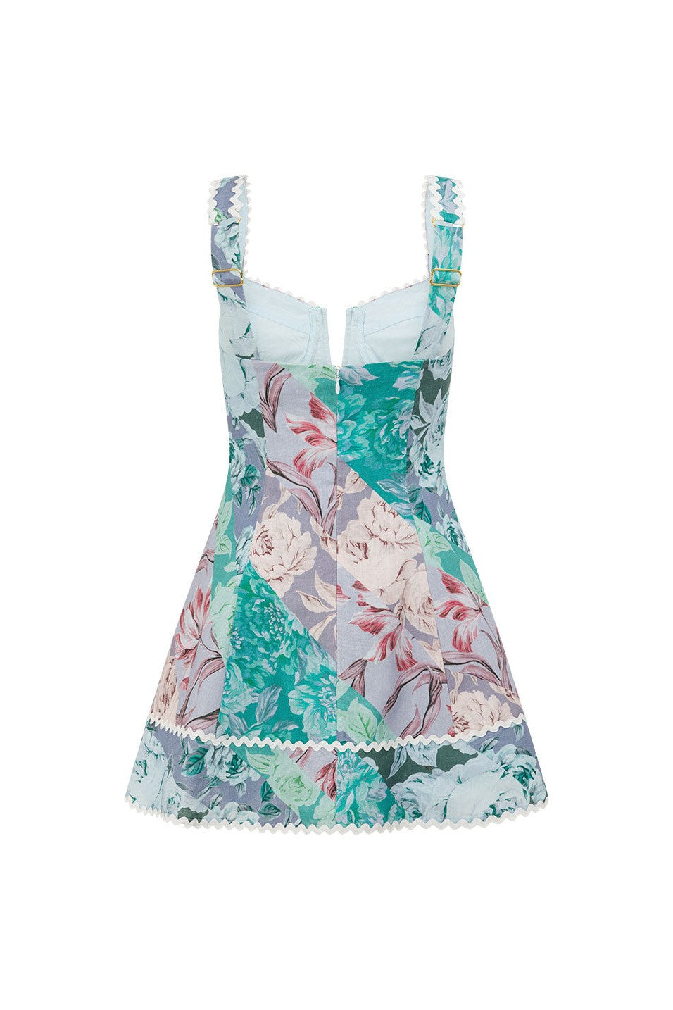 Blue mini dress with lace trim, side view