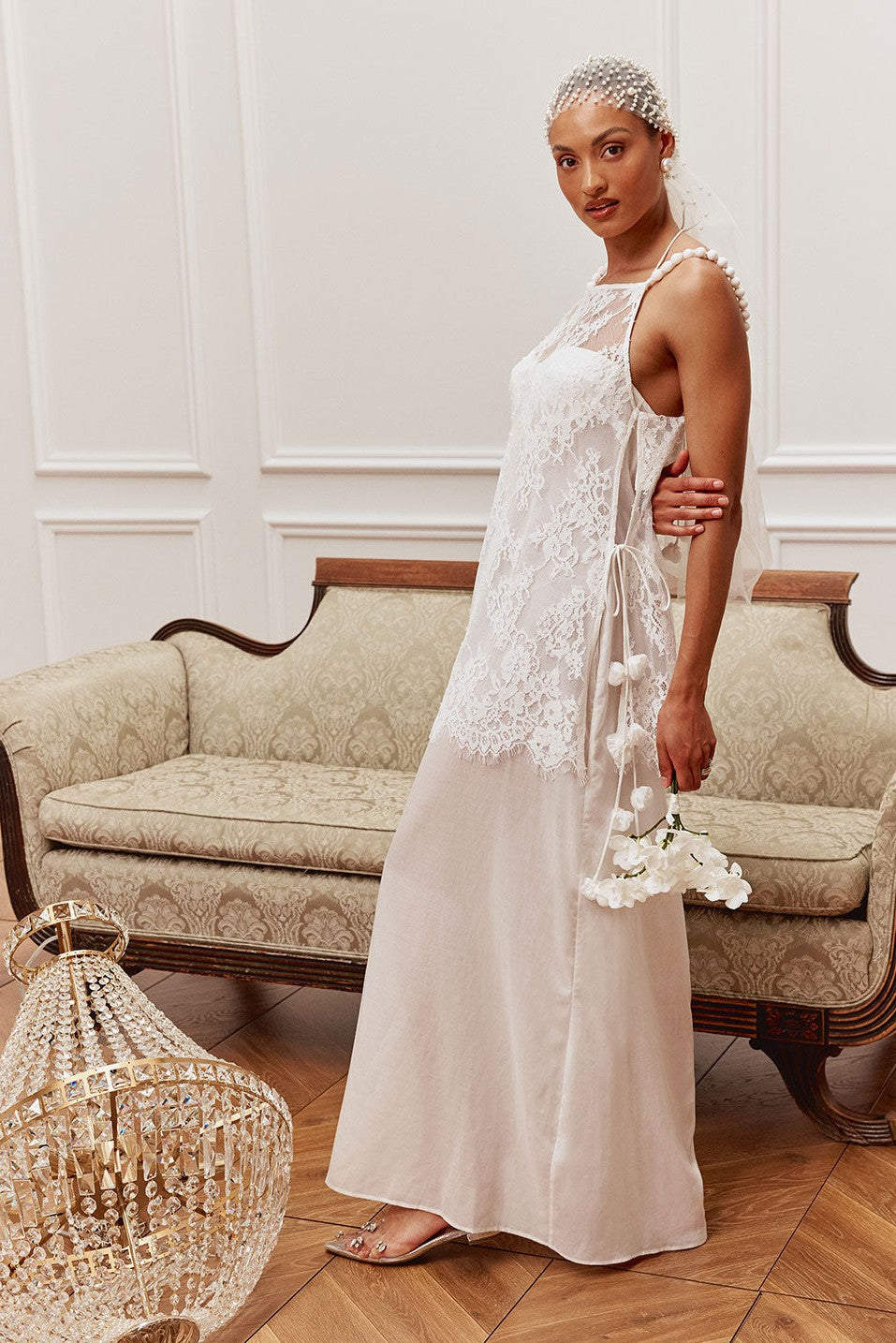 White maxi dress with a halter neckline, detail view