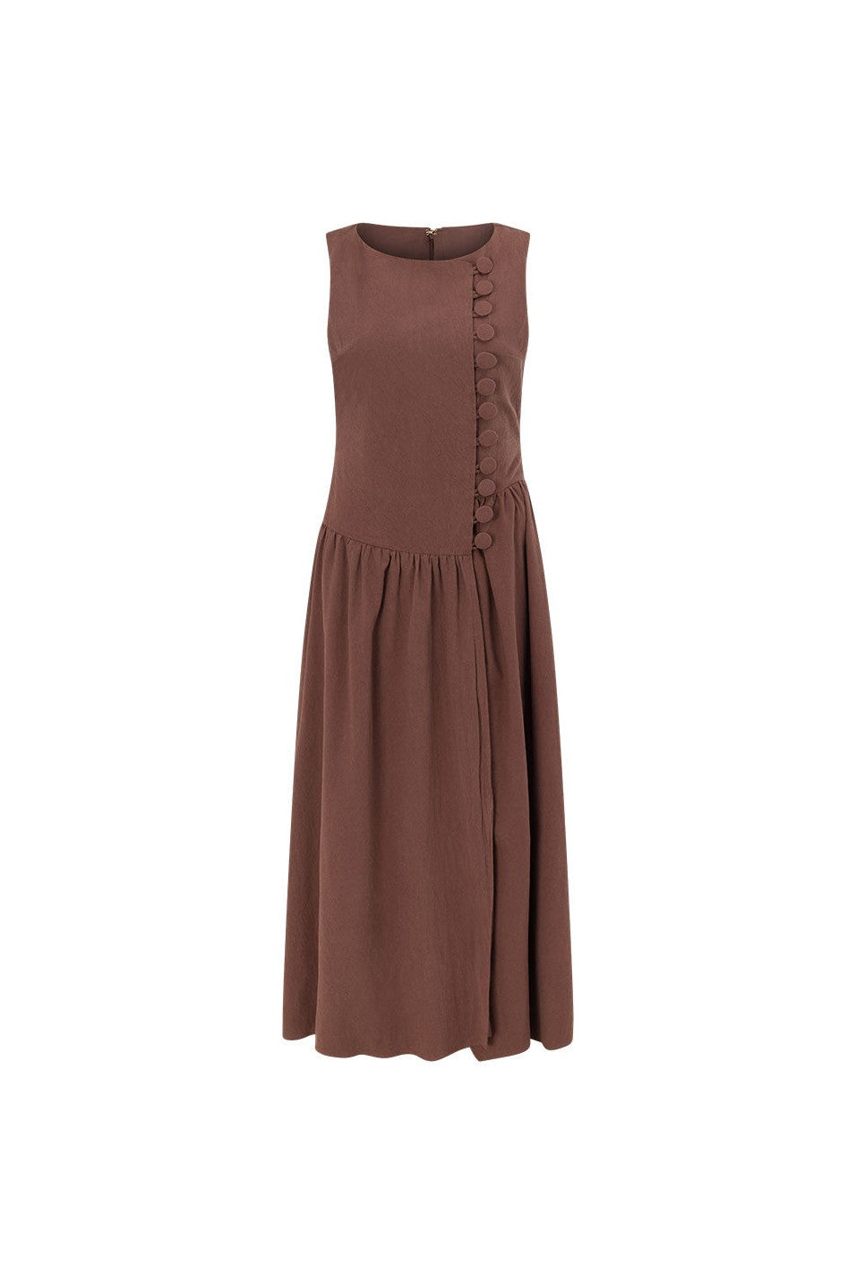 Brown maxi dress with a boat neckline, front view