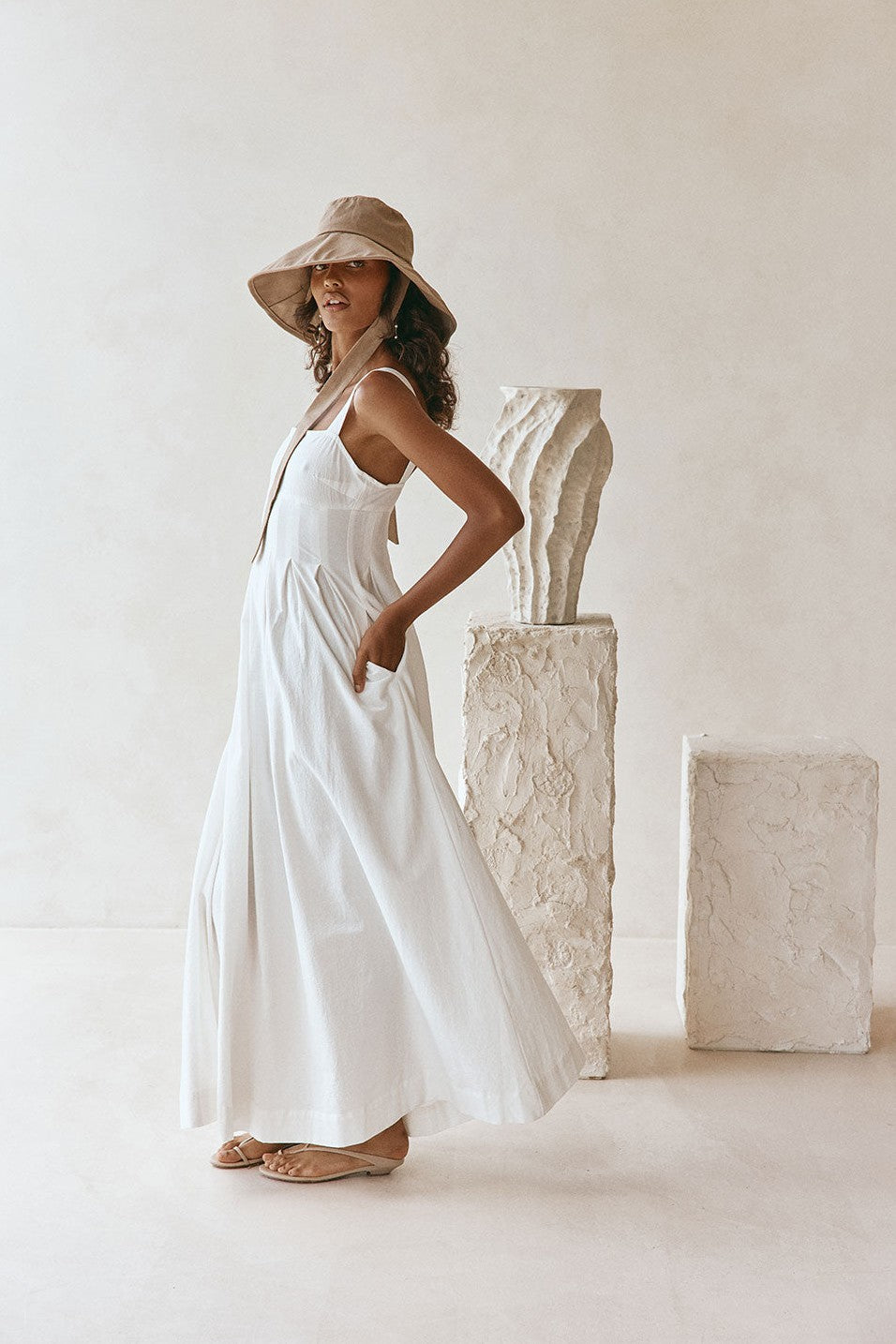 White maxi dress, styled on model