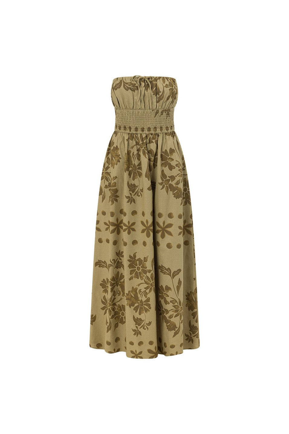 Green maxi dress with a strapless neckline, front view