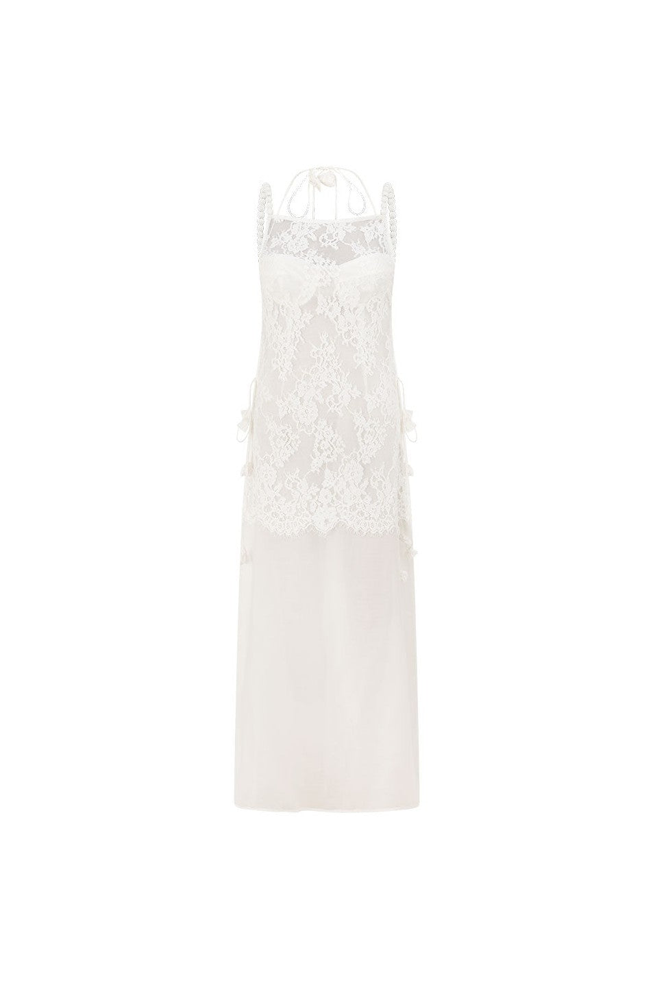 White maxi dress with a halter neckline, front view