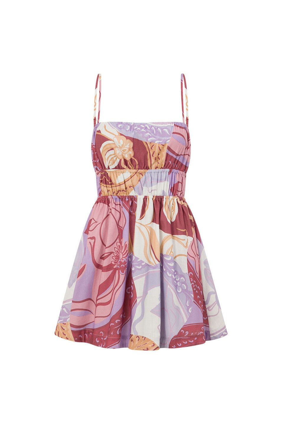 Purple mini dress with slim tie straps, front view