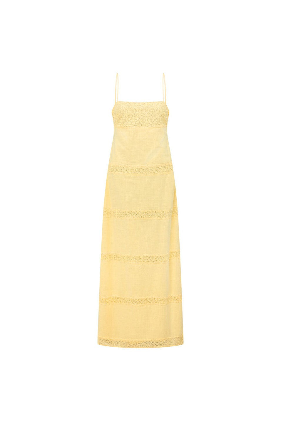 Yellow maxi dress with a round neckline, back view
