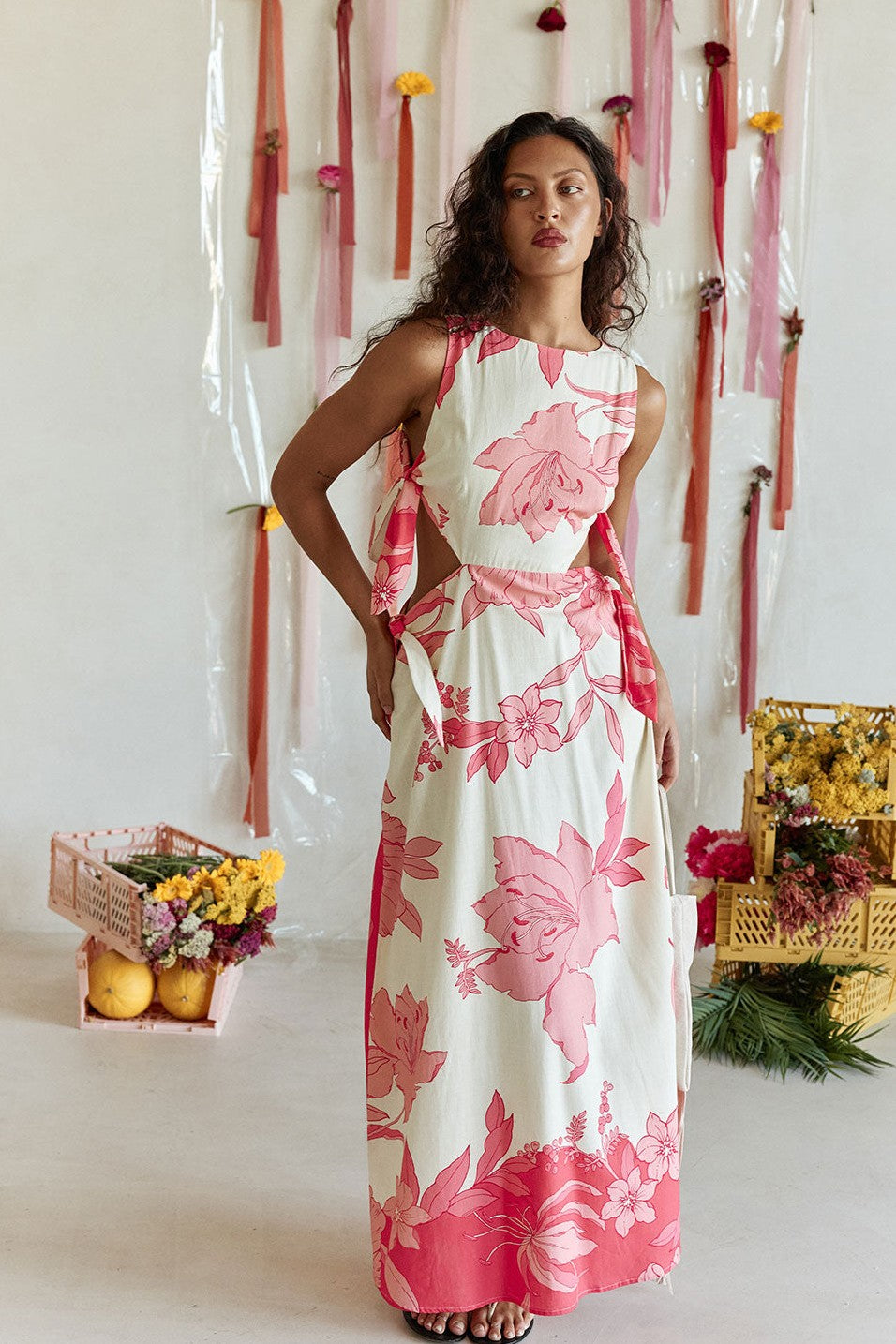 Pink maxi dress with a boat neckline, front view