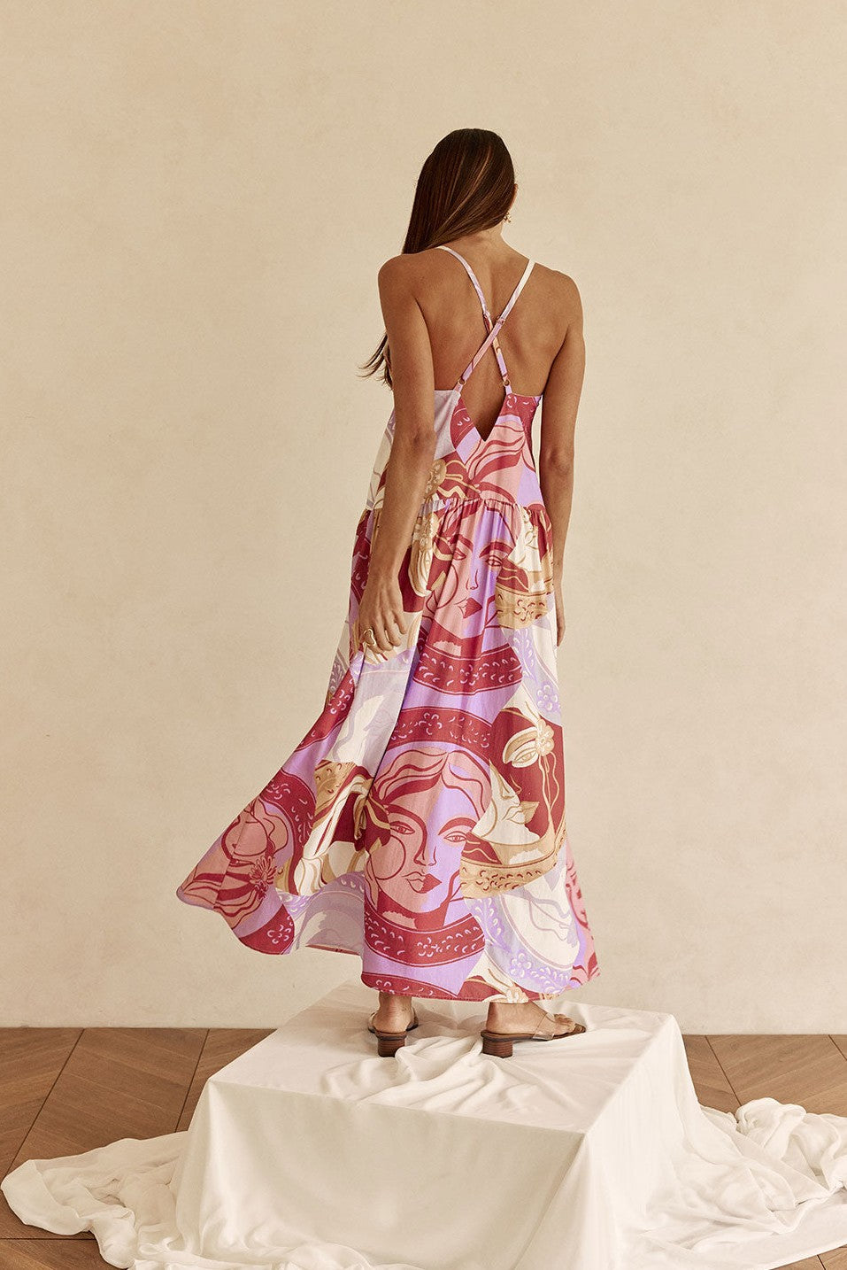 Purple maxi dress with an open back, detail view
